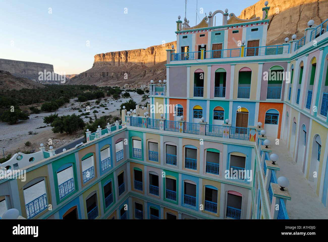 Hotel Bait Beit Bugshan Khaylla Khaylah village Wadi Doan Wadi Hadramaut Yemen Stock Photo