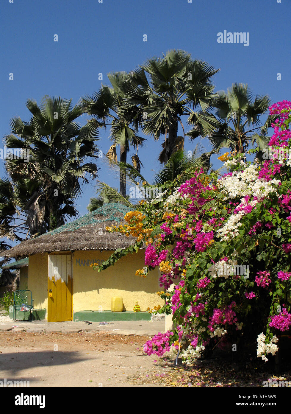 African style thatch bungalow Boboi Beach Lodge near Kartong The Gambia Stock Photo