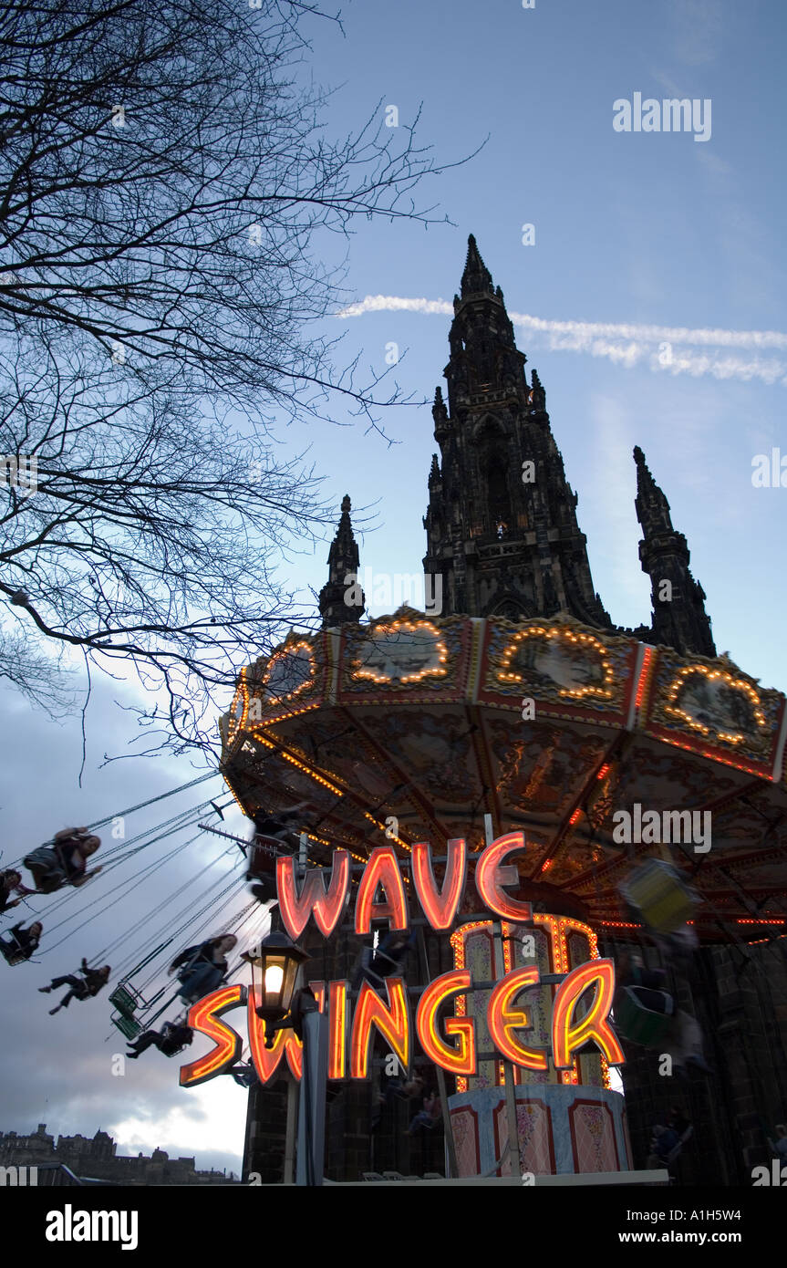 Wave Swinger ride and Sir Walter Scott monument, Edinburgh, scotland Stock Photo