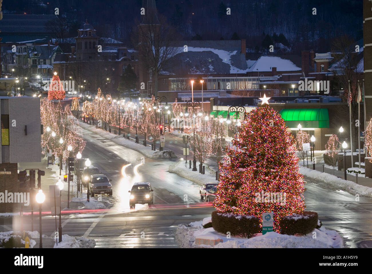 Christmas trees North Adams Massachusetts time exposure with traffic Stock Photo