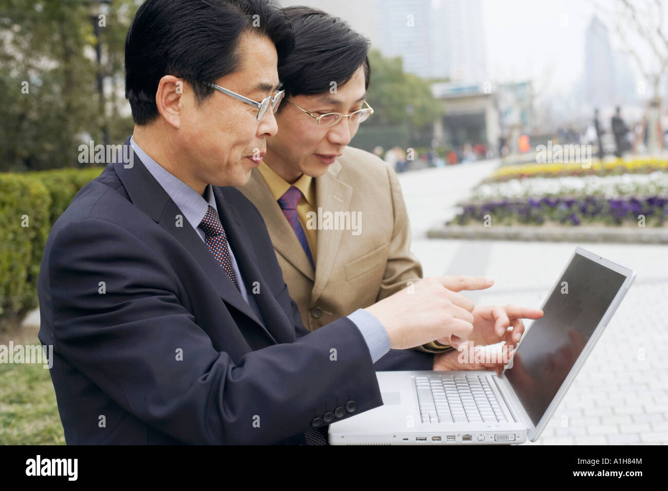 Side profile of two businessmen using a laptop Stock Photo - Alamy