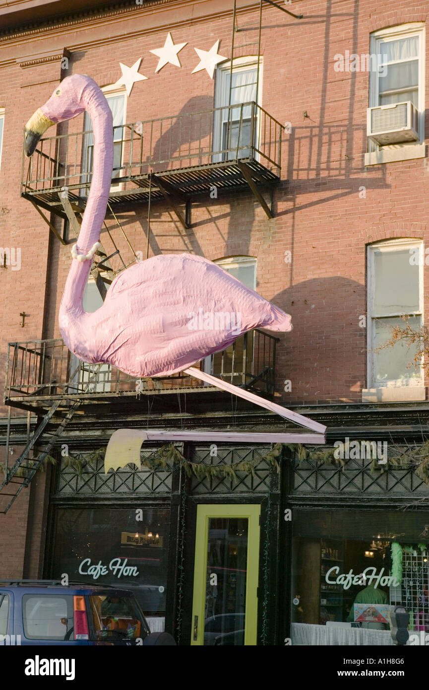 Cafe Hon with giant pink flamingo a la John Waters Hampden neighborhood Baltimore Maryland Stock Photo