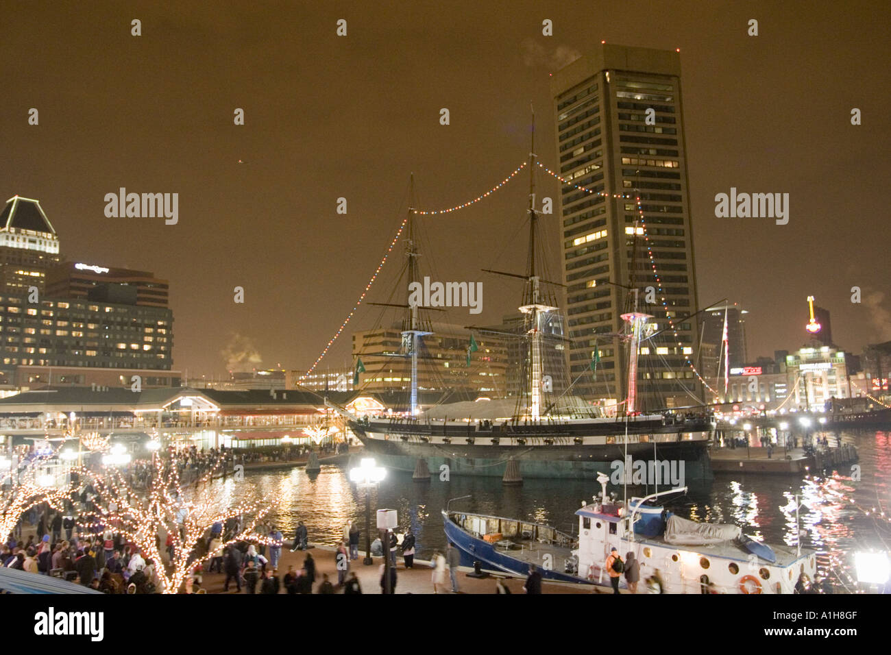 USS Constellation Christmas season garland lights Inner Harbor