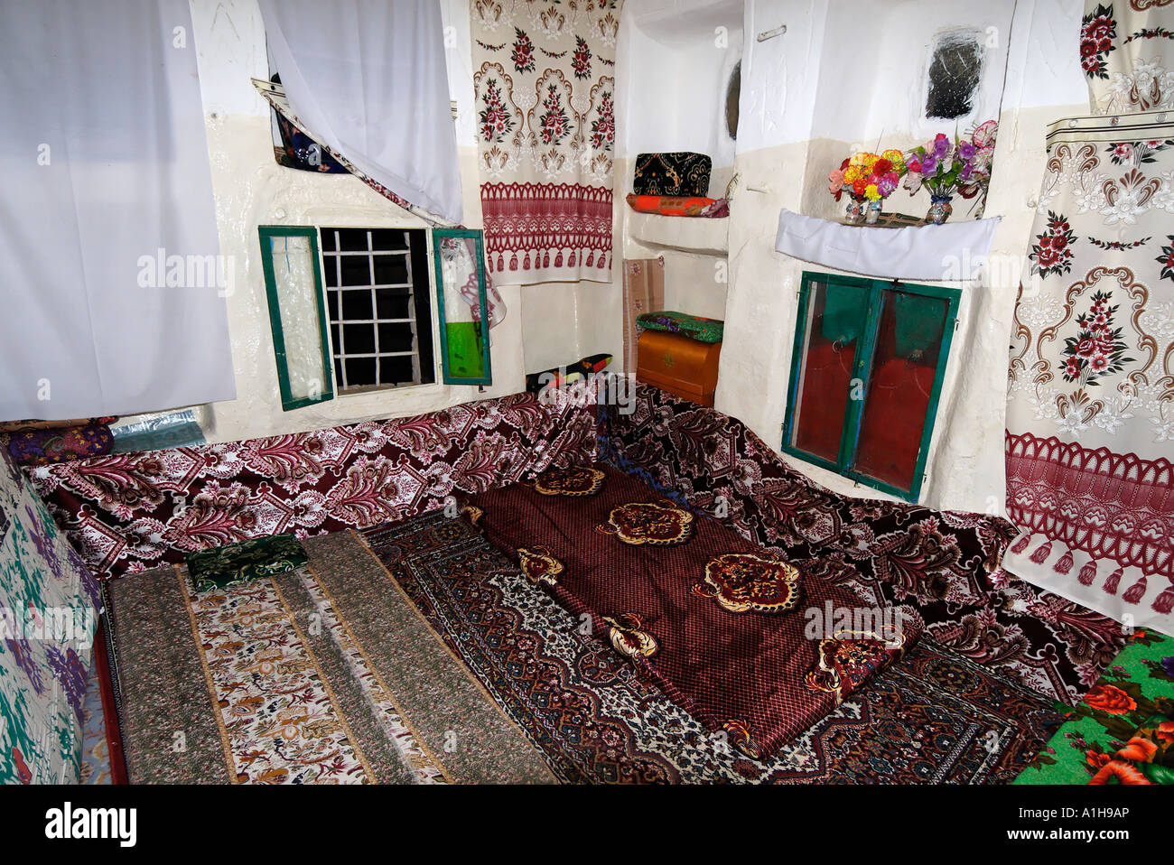 room in a traditional funduk mountain village Shaharah Yemen Stock Photo