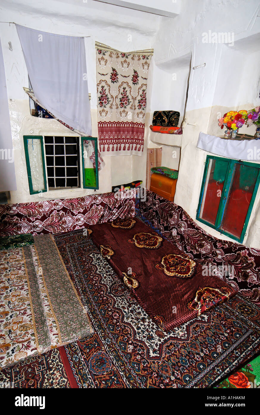 room in a traditional funduk mountain village Shaharah Yemen Stock Photo