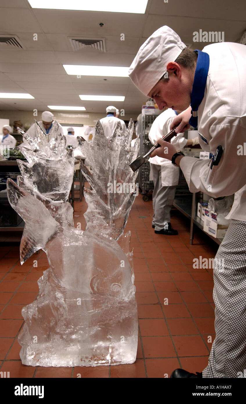 Culinary Student learning Ice carving in a kitchen at Johnson and Wales