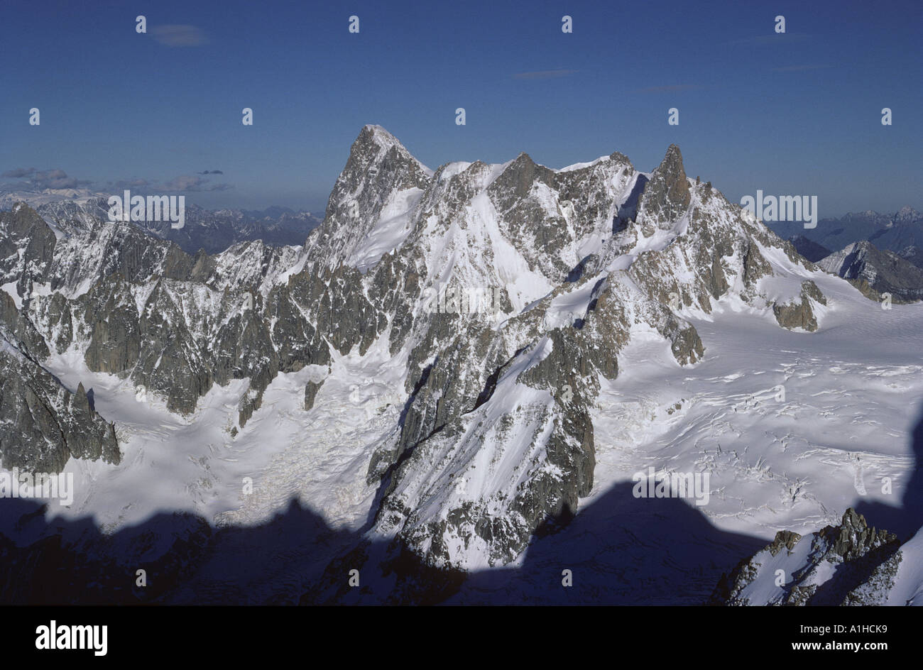 French face of the Rochefort From left to right Grande Jorasses Mont Mallet Aiguille de Rochefort and Aiguille de Géant Chamonix Stock Photo