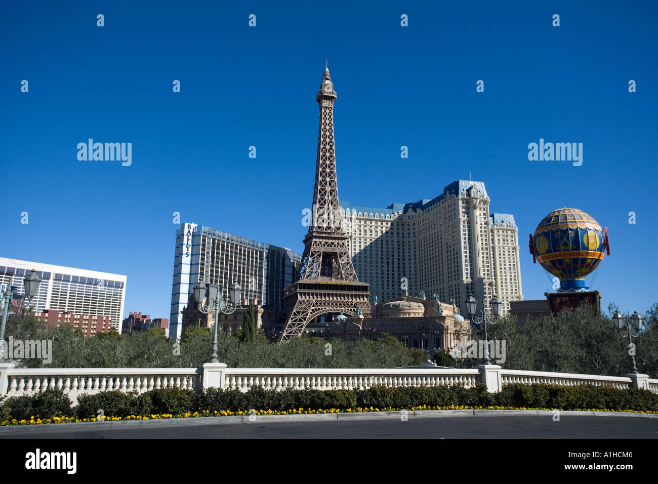 Las Vegas Hotels Casinos Paris Hotel and Casino scenic panorama with replica of Eiffel Tower Stock Photo