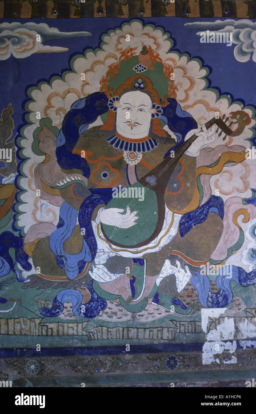 Painting on interior wall Thiksey Monastery Gompa south of Leh 600 years old 12 levels ascending a hillside Ladakh India Asia Stock Photo