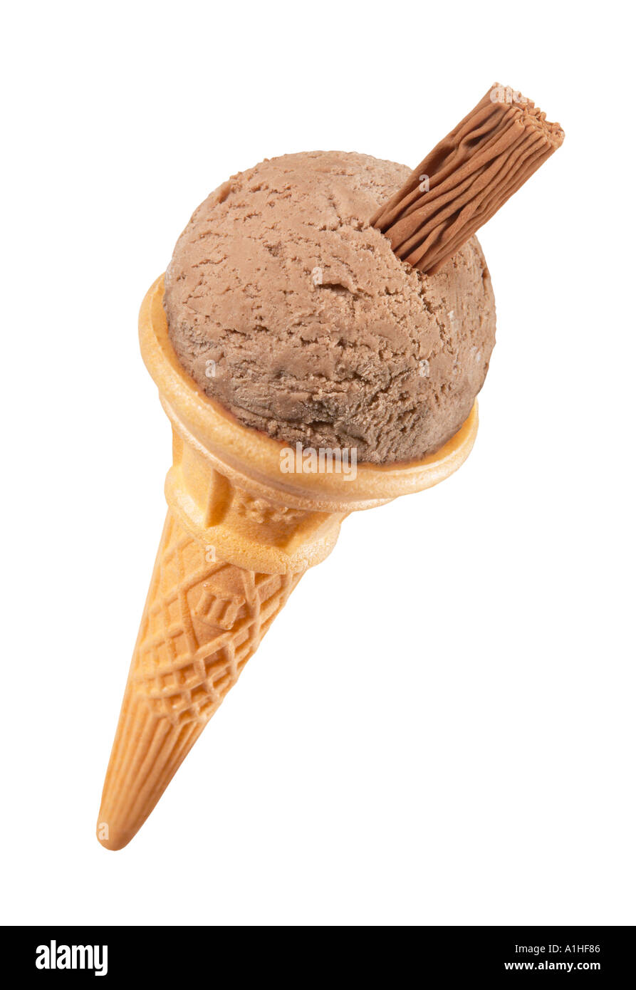 CHOCOLATE ICE CREAM IN CONE WITH CHOCOLATE FLAKE ON WHITE BACKGROUND