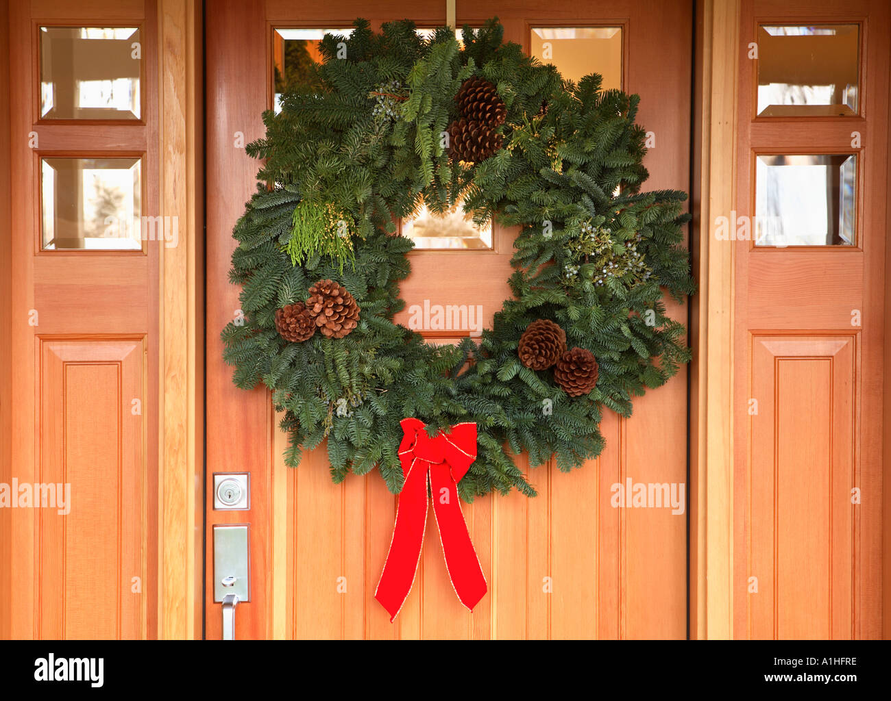 Christmas wreath on front door. Stock Photo