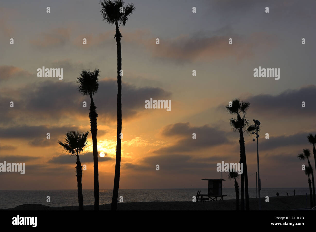 Sunset On Newport Beach Southern California With Silhouetted Palm Trees And Lifeguard Hut Sunset On Newport Beach Southern California With Silhouetted Palm Trees And Lifeguard Hut