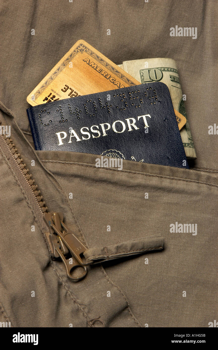 Safari jacket with passport and credit card Stock Photo