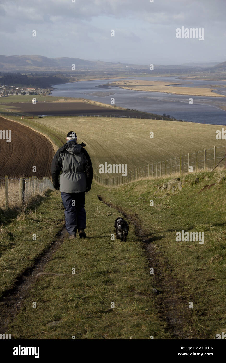 Man walking with his dog in Fife Scotland UK Stock Photo Alamy