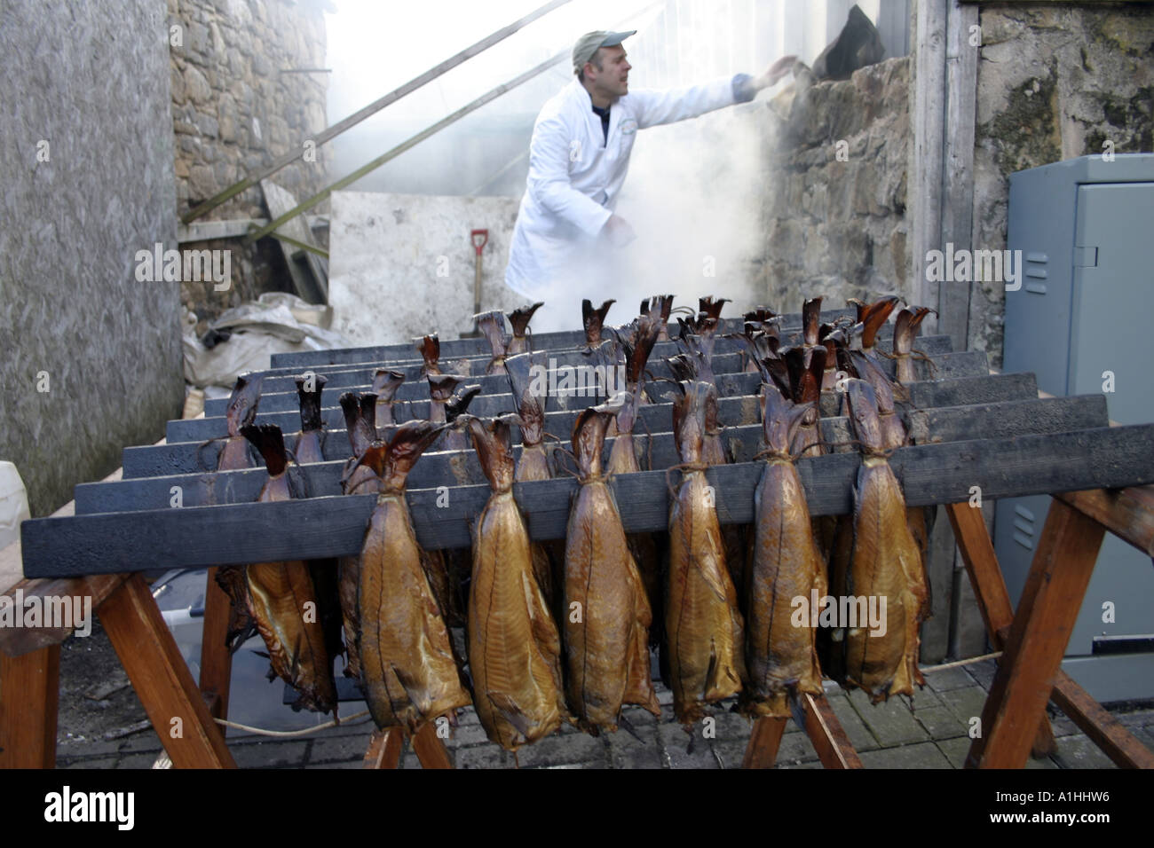 Traditional smoking of fish at a street market in Cuper Fife Scotland