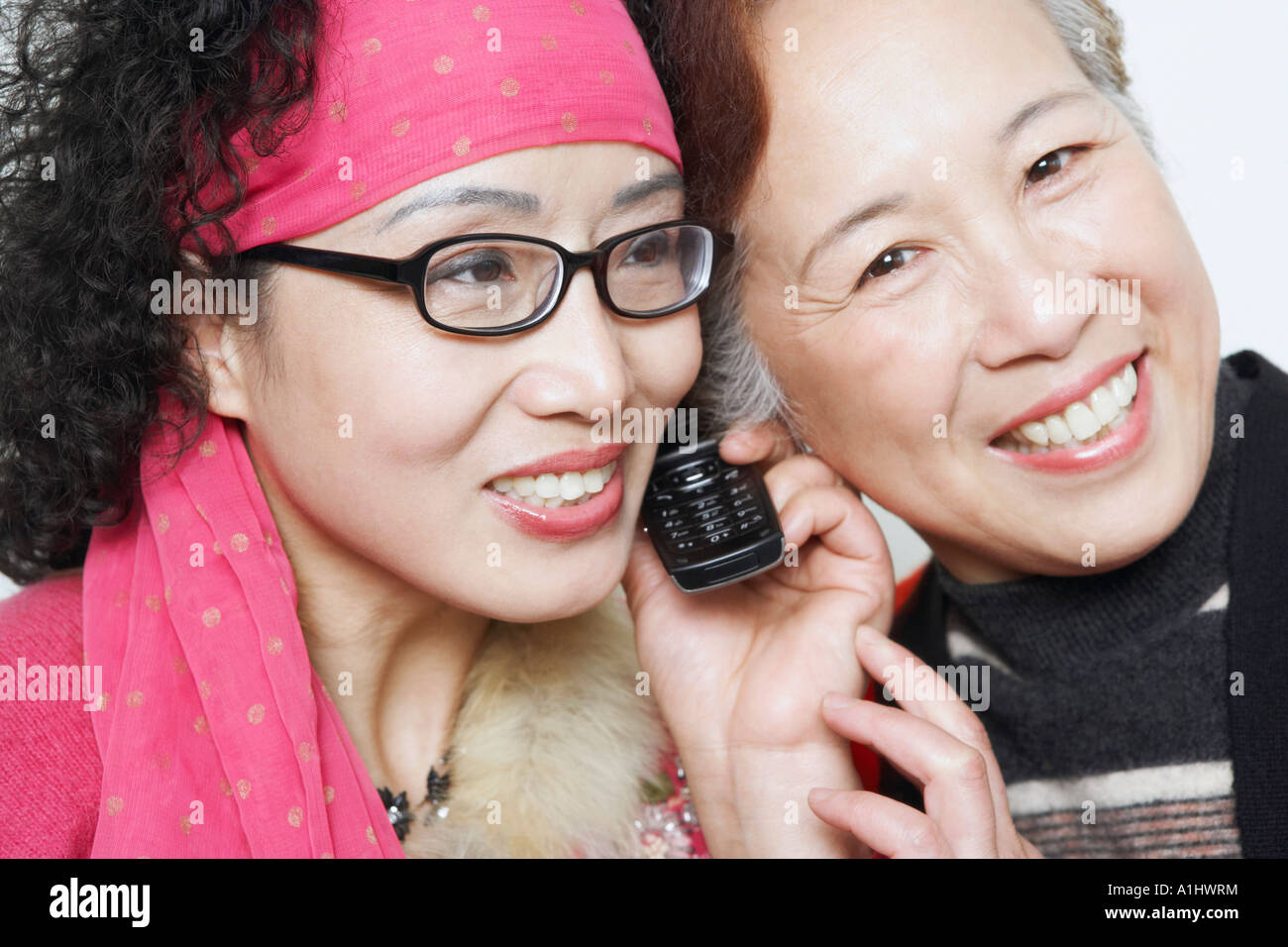 Portrait of a mature woman with her friends using a mobile phone Stock Photo