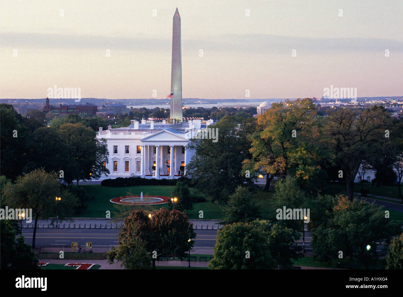 White House, Washington Monument Washington DC, USA. Dusk. North