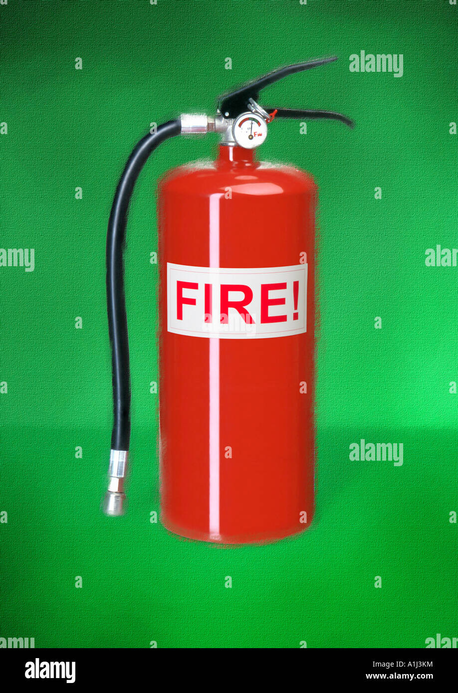 Graphic image of red fire extinguisher on green background Stock Photo