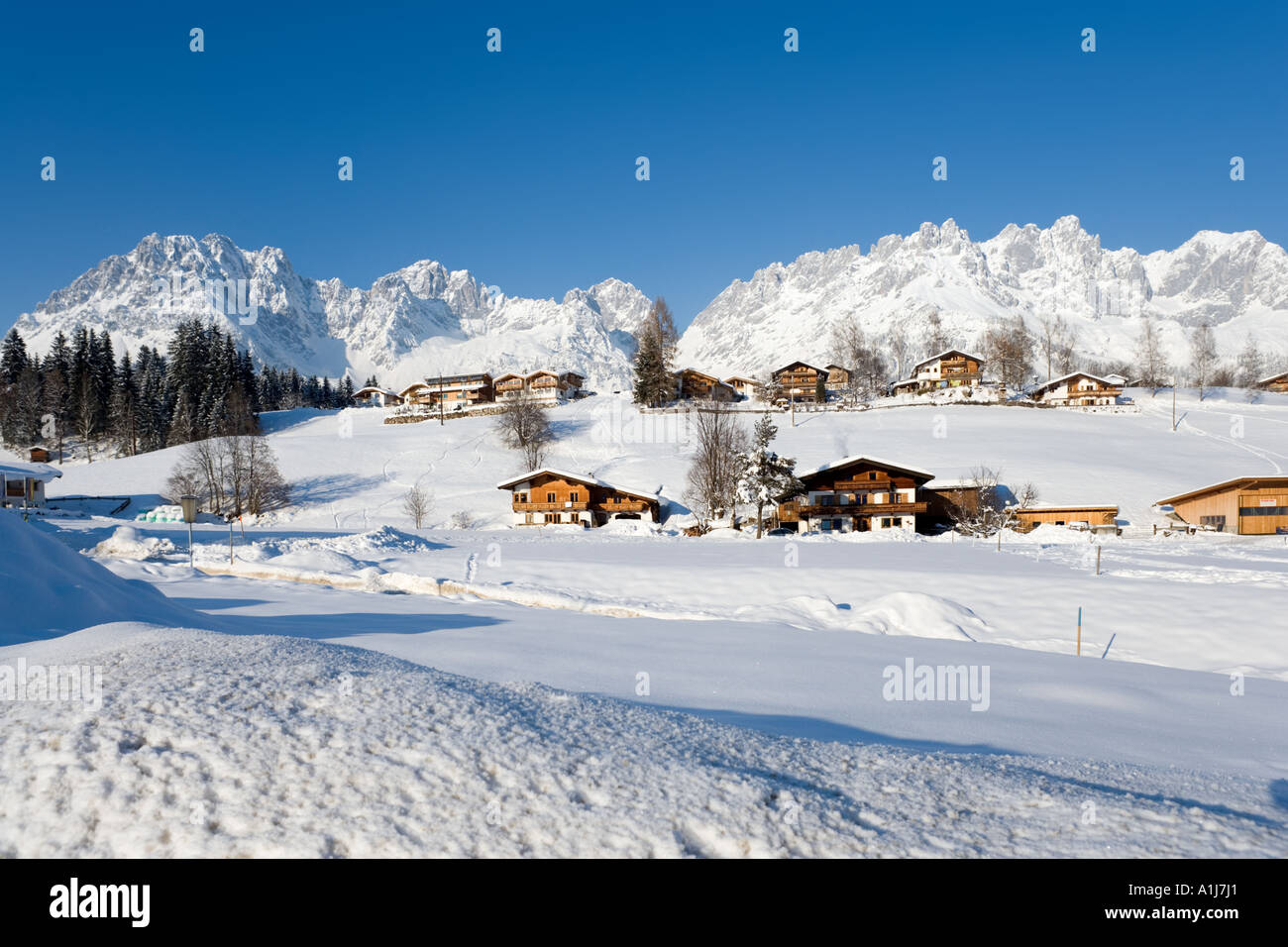 Wilder Kaiser Mountains in Going, near Ellmau and Scheffau, Tyrol, Austria Stock Photo