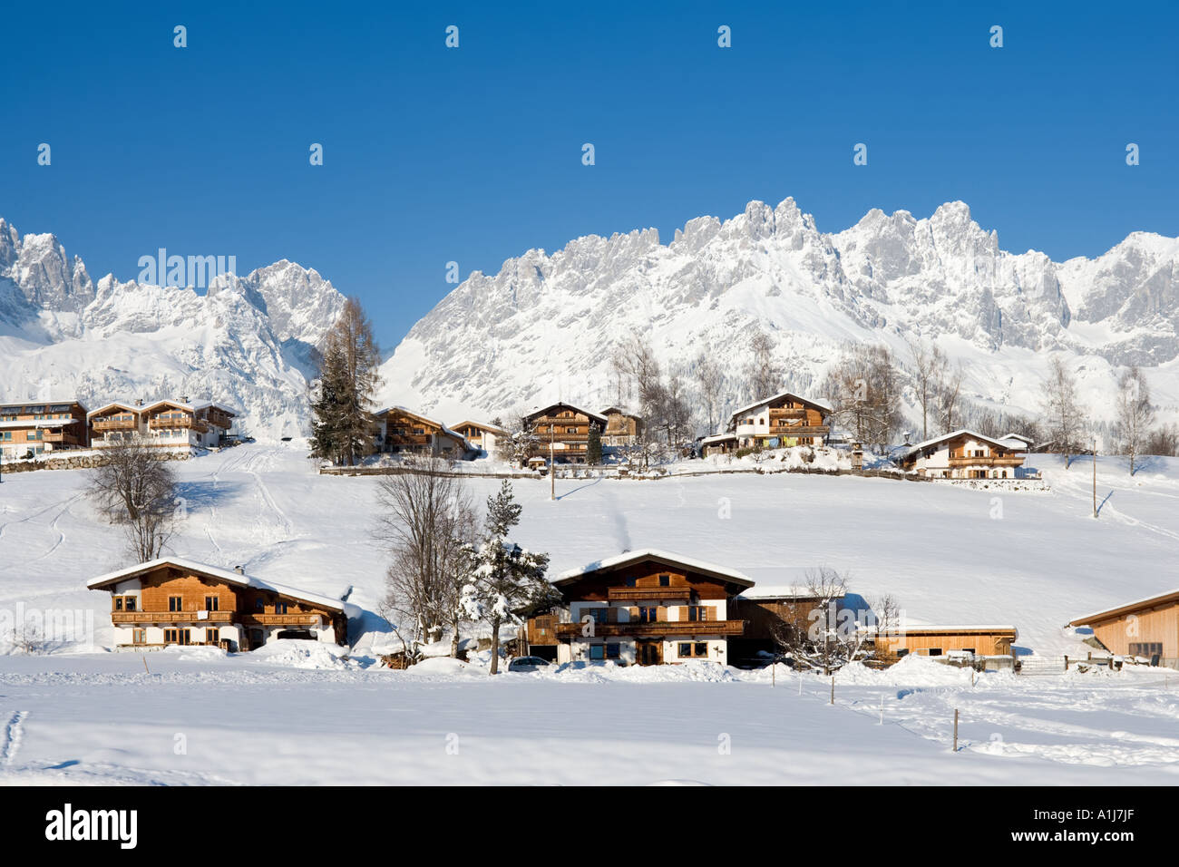 Wilder Kaiser Mountains in Going, near Ellmau and Scheffau, Tyrol, Austria Stock Photo