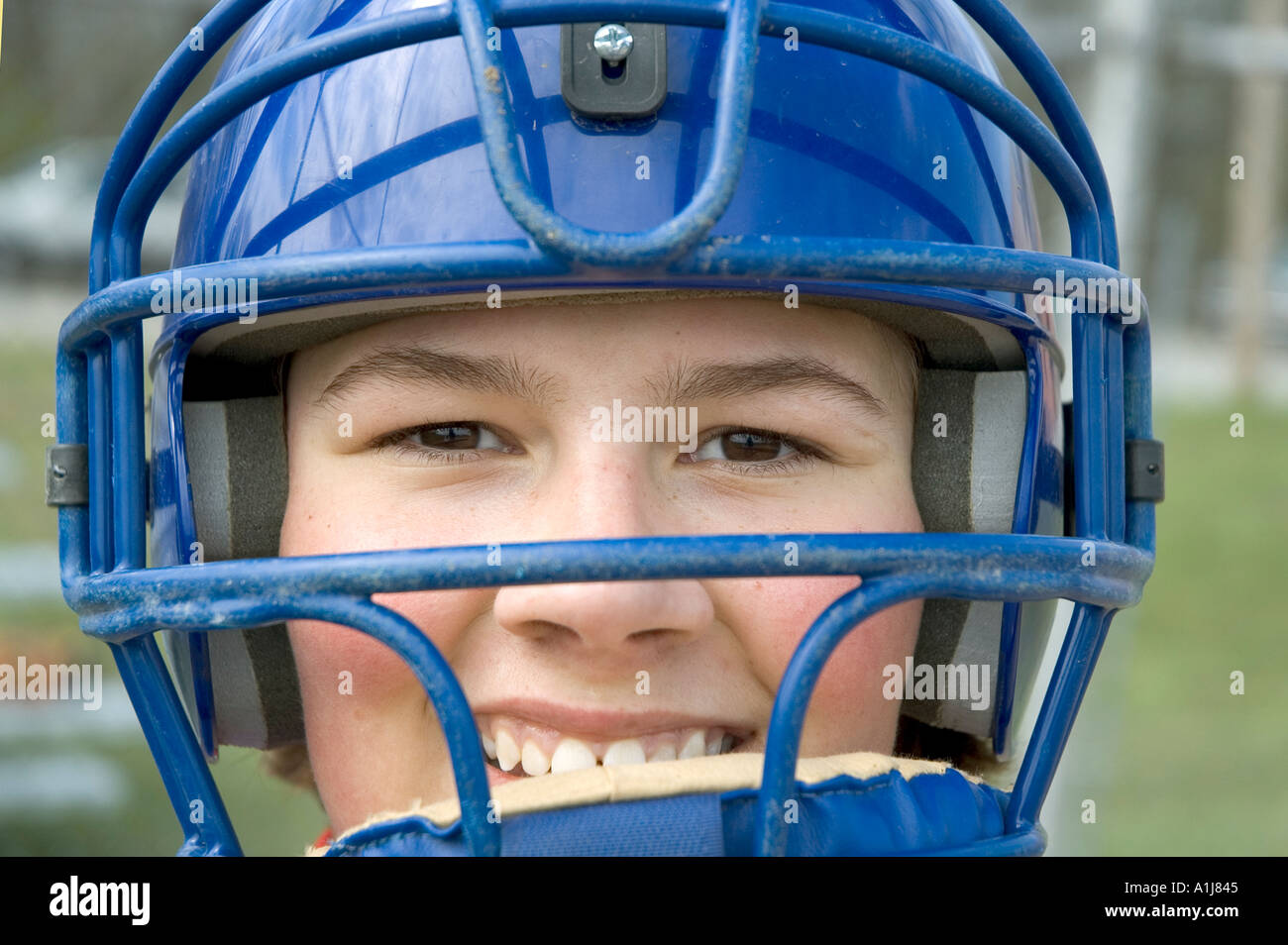 Portrait of a 13 year old female softball catcher Stock Photo Alamy
