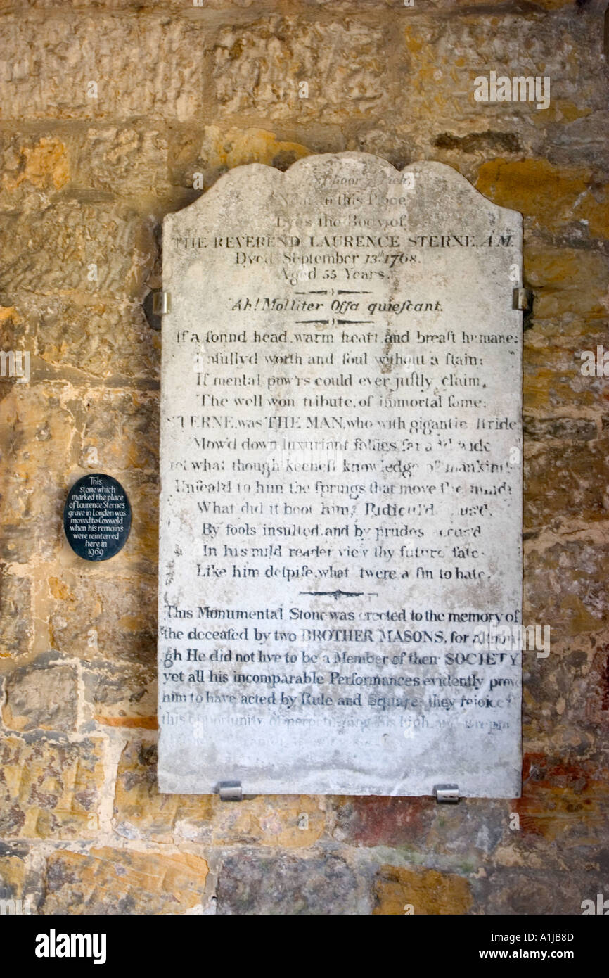 Coxwold North Yorkshire UK Laurence Sterne headstone moved from London to porch of Parish Church Stock Photo
