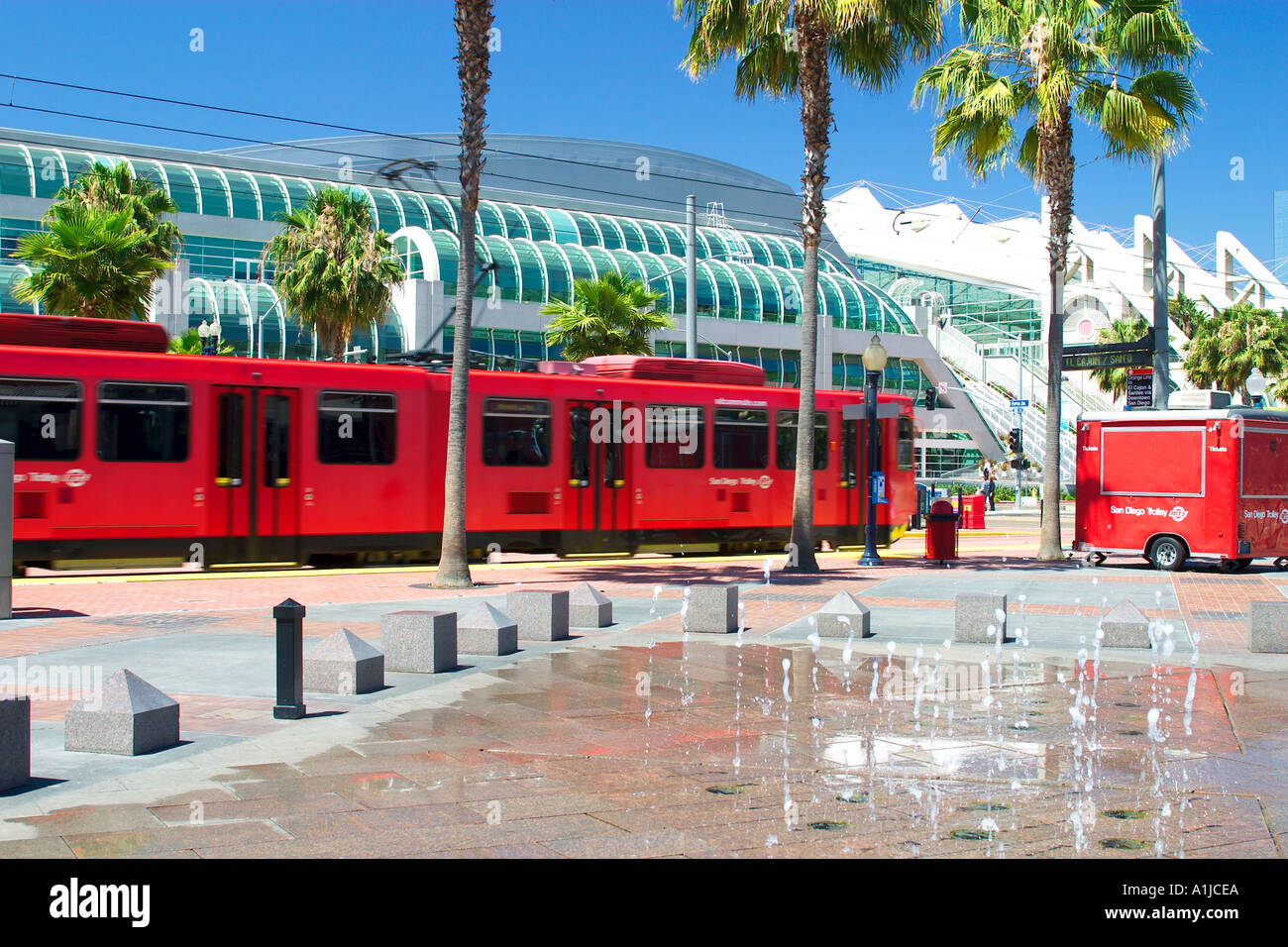 Red Trolley in front of San Diego Convention Center Stock Photo - Alamy
