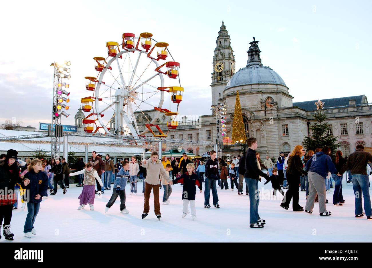 Winter Wonderland event outside Cardiff City Hall Wales UK with people