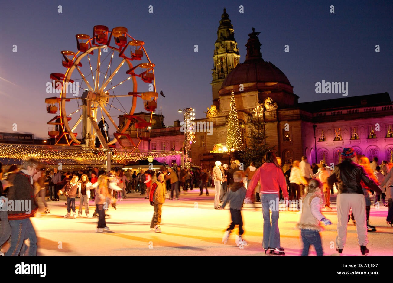 Winter Wonderland event outside Cardiff City Hall Wales UK with people