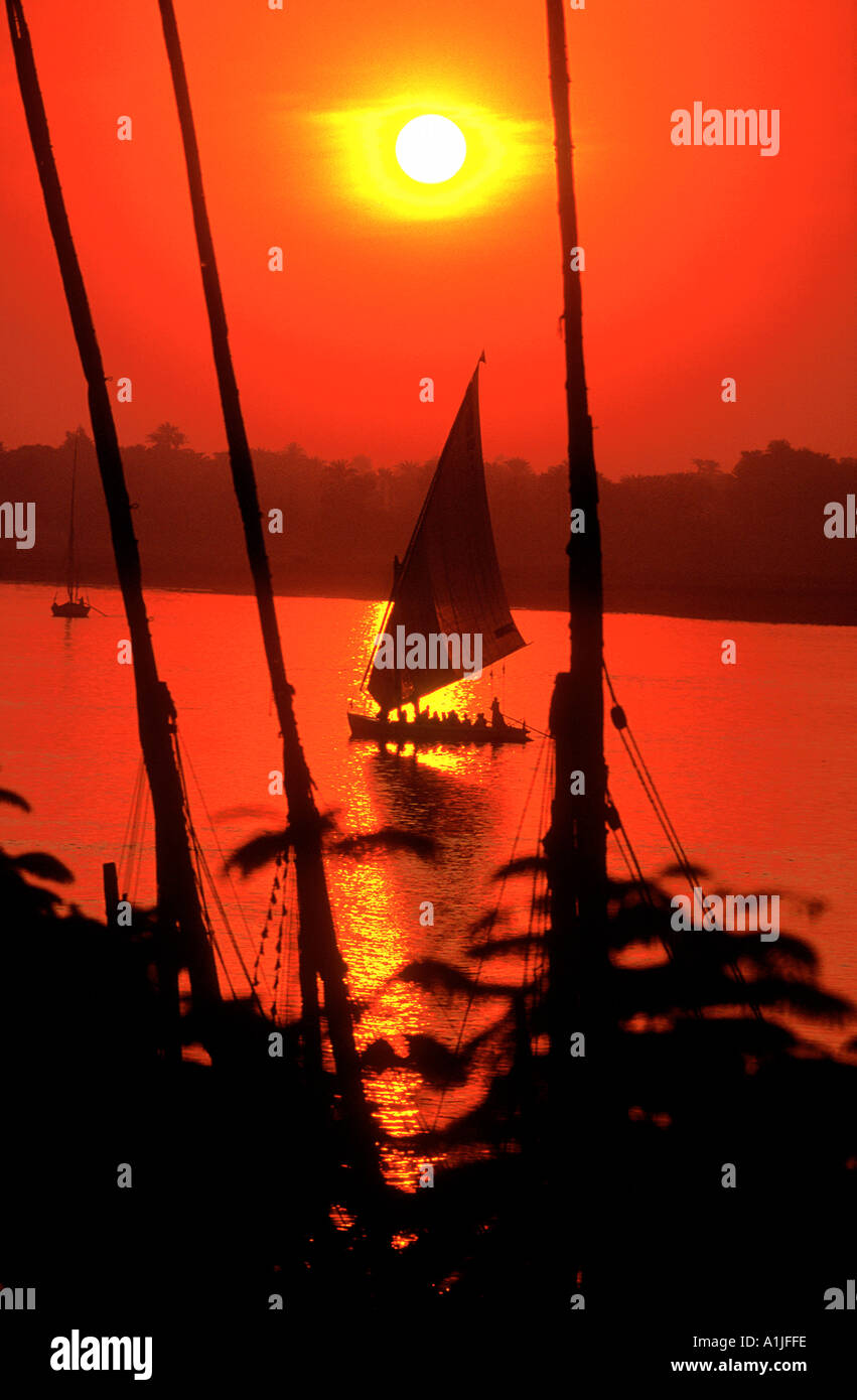 Traditional felucca sailing boat sunset River Nile Luxor Egypt Stock ...