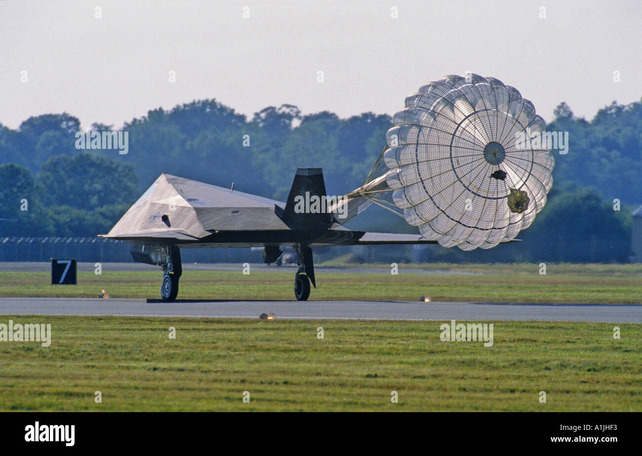 US Air Force Lockheed F 117A Nighthawk Stealth Fighter attack aircraft landed at RAF Fairford Stock Photo
