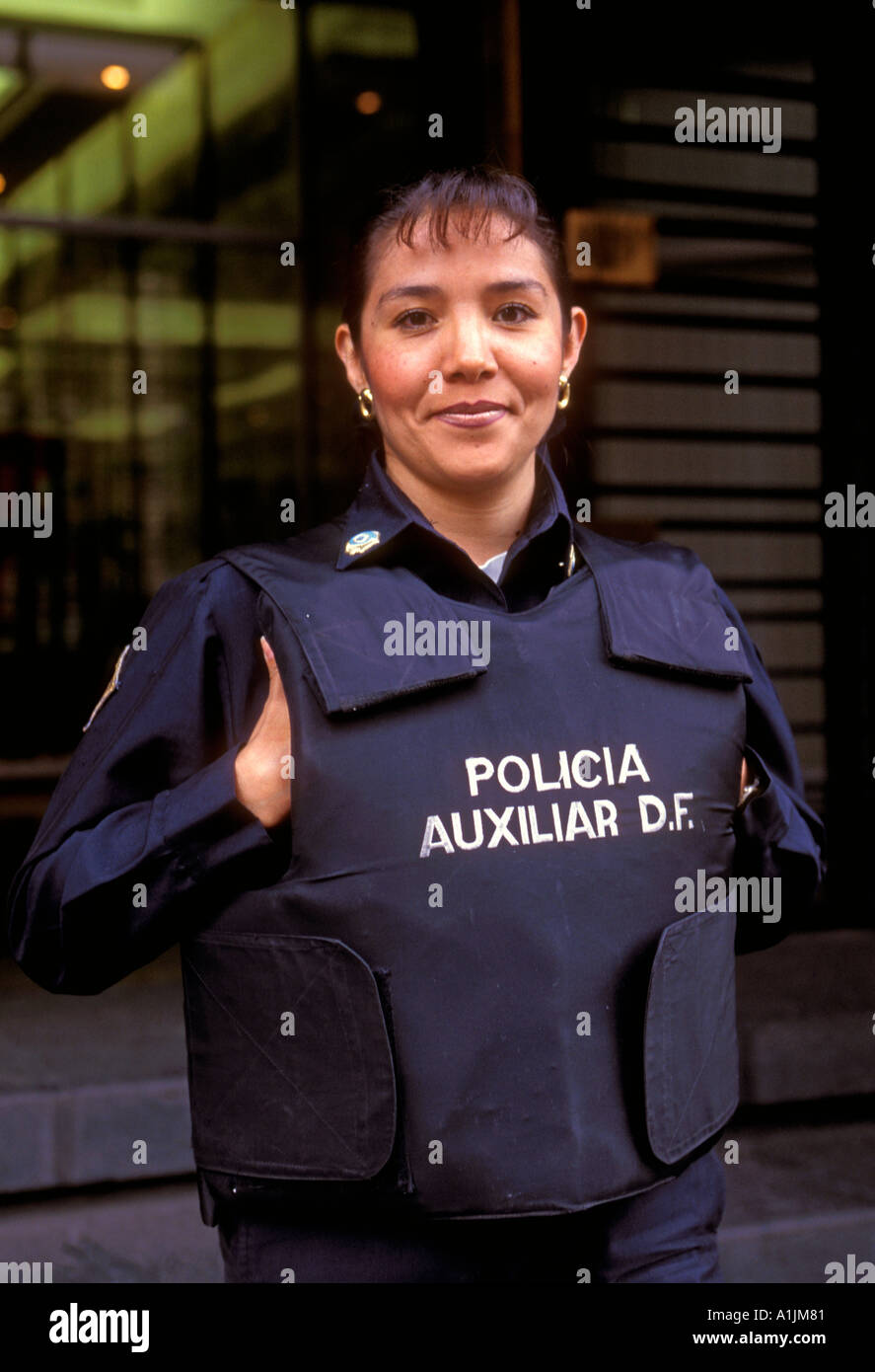 1, one, Mexican policewoman, Mexican, policewoman, adult woman, wearing bulletproof vest, bulletproof vest, Mexico City, Federal District, Mexico Stock Photo