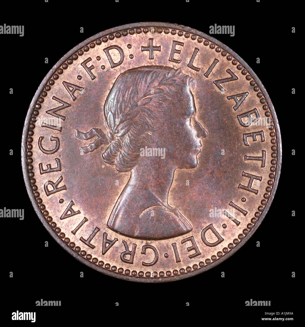 Queen Elizabeth Regina II 2 Reg fid def pre decimal half penny old pence P 1967 copper bright head right profile gratia Stock Photo