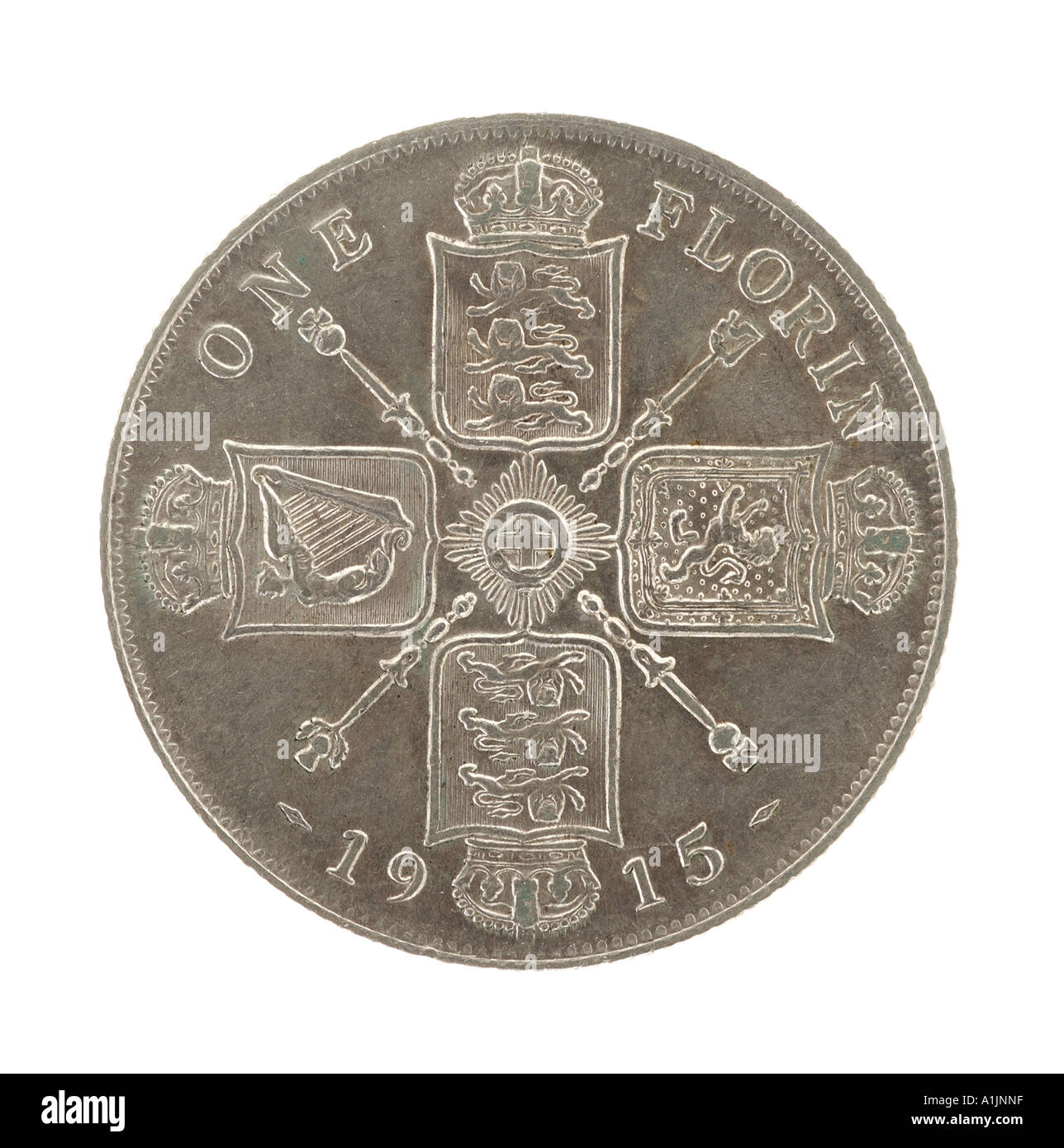 King George V 6 Reg fid def pre decimal 2 shilling florin 24 twenty four old pence P 1915 silver bright coat arm lion left omn r Stock Photo