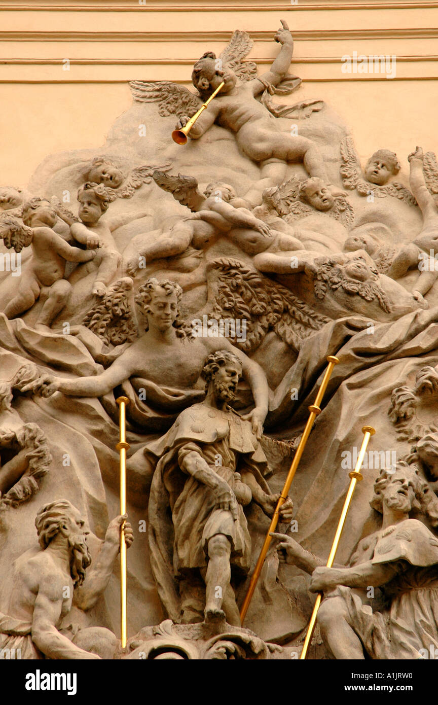 Relief sculpture on the facade of St James Church or SV Jakuba in the Old Town Prague Czech Stock Photo