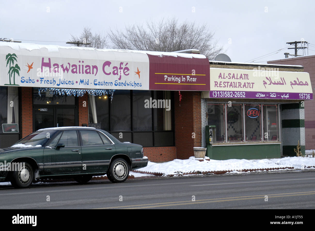 Hawaiian Cafe with sign in Arabic and English Dearborn Michigan USA the