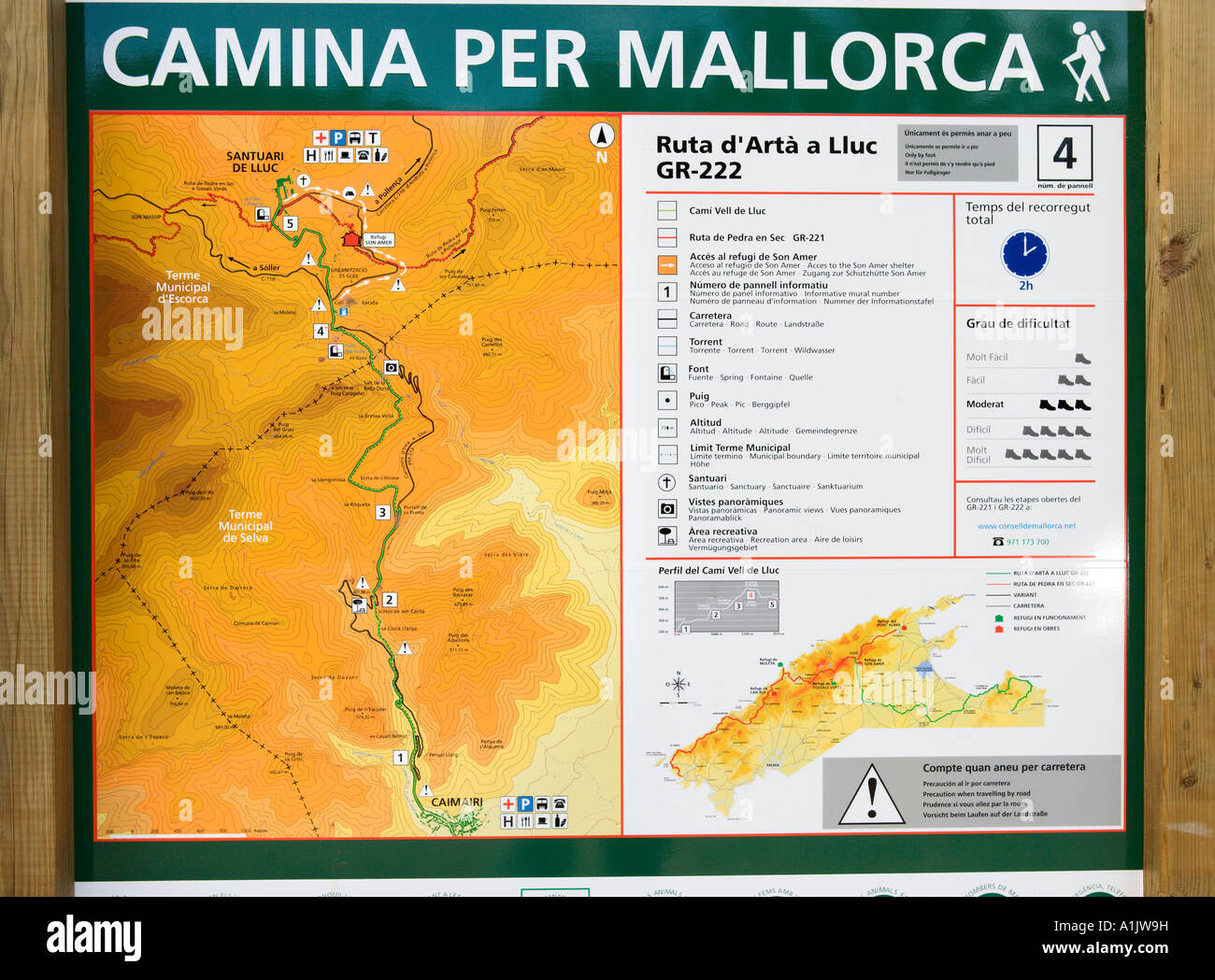 Sign for Hiking Trail near Lluc, Mallorca, Balearic Islands, Spain Stock Photo