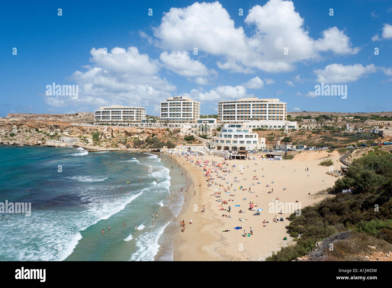 Beach and Radisson SAS Golden Sands Resort and Spa, Golden Bay, Malta Stock Photo