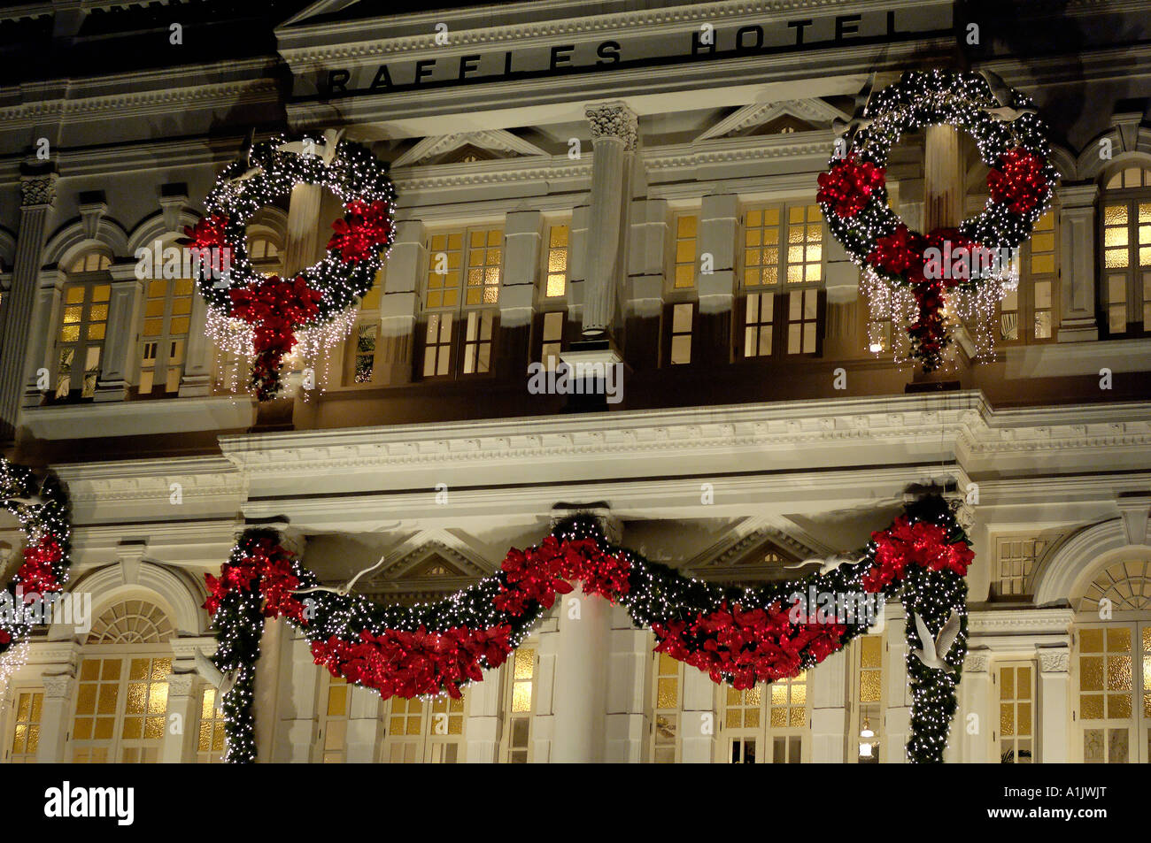 Christmas lights outside Raffles Hotel, Singapore Stock Photo