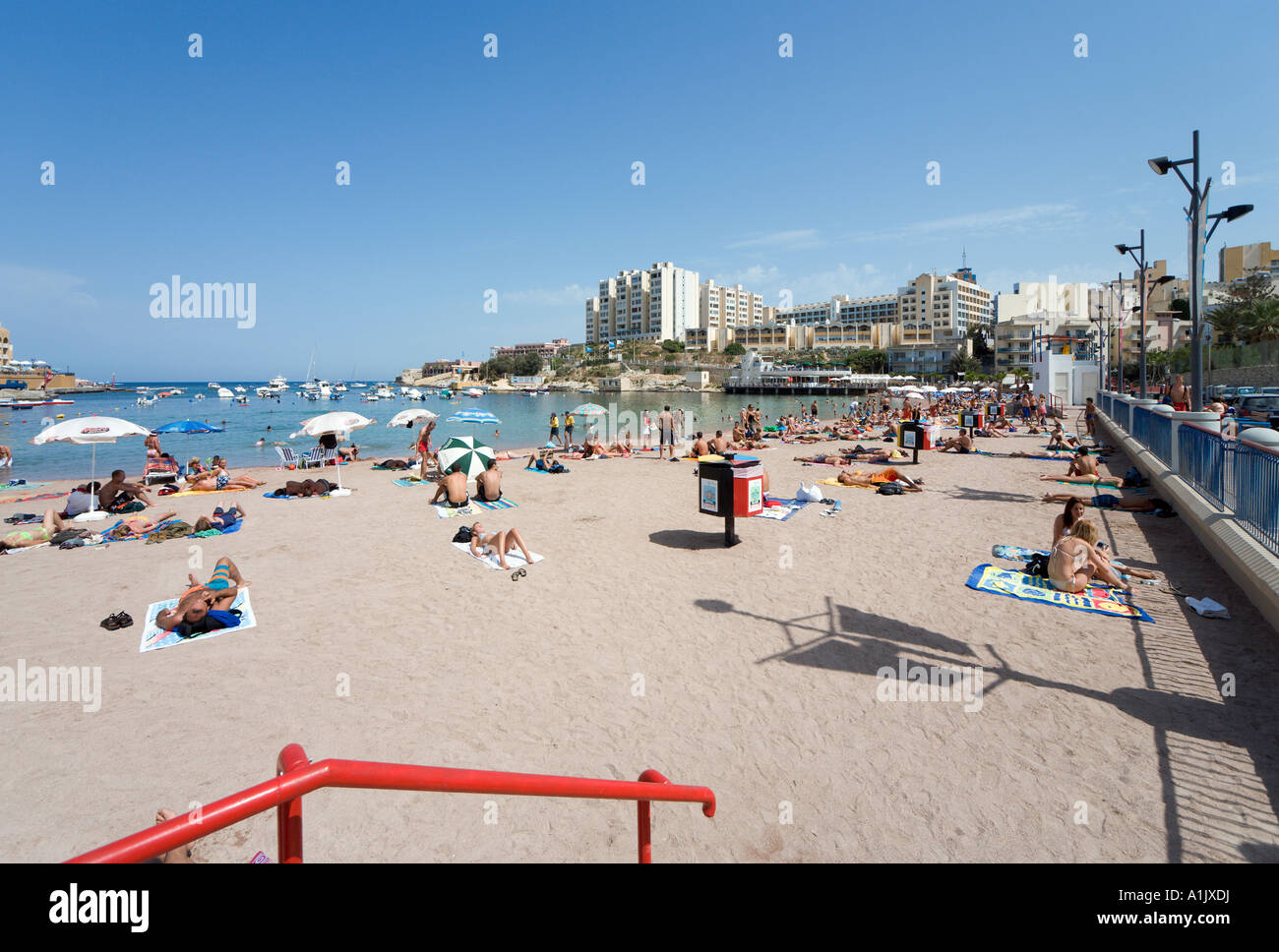 Beach at St George's Bay, Malta Stock Photo