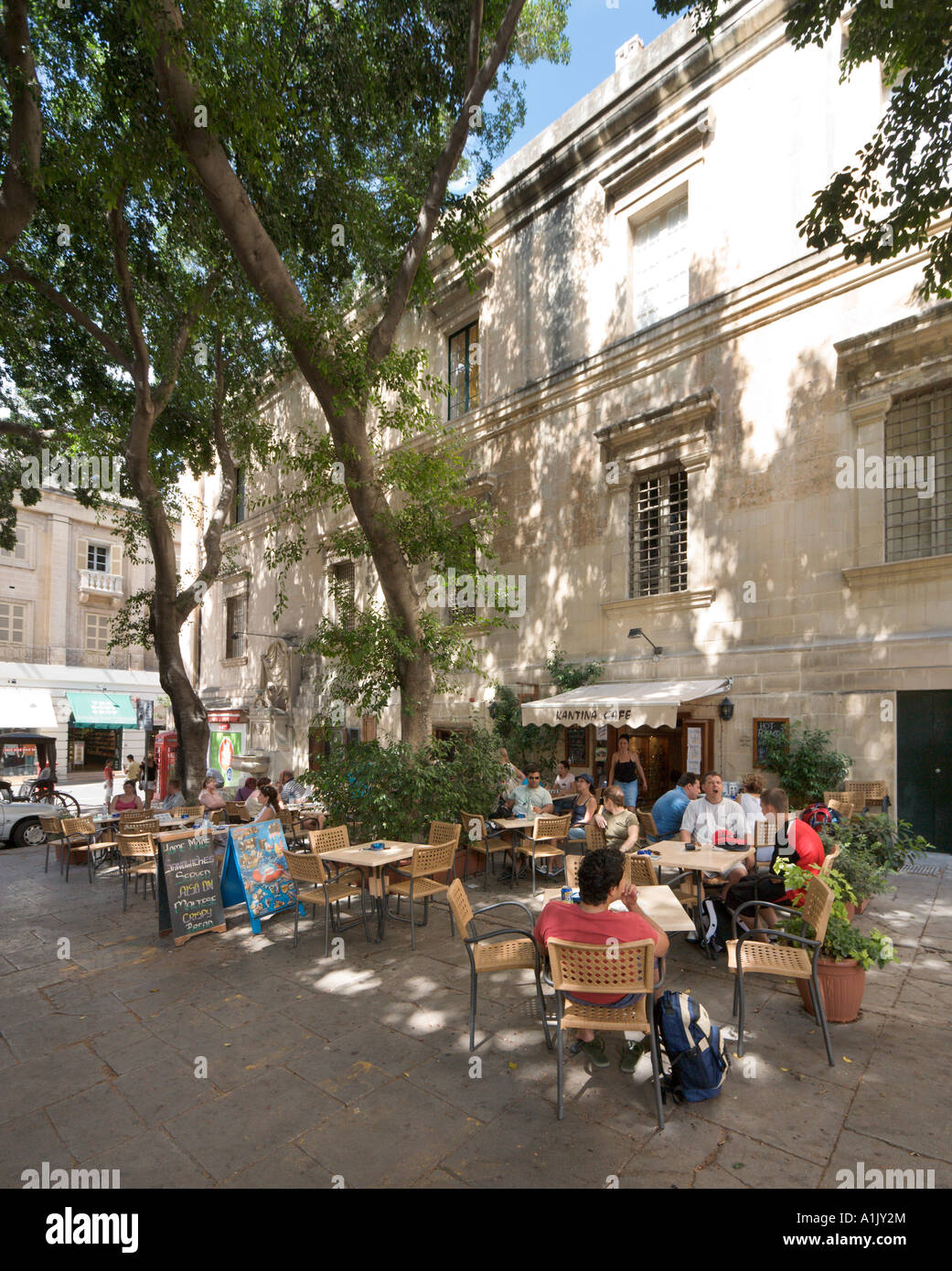 Sidewalk Cafe off Republic Street or Triq Repubblika (the main street), Valletta, Malta Stock Photo