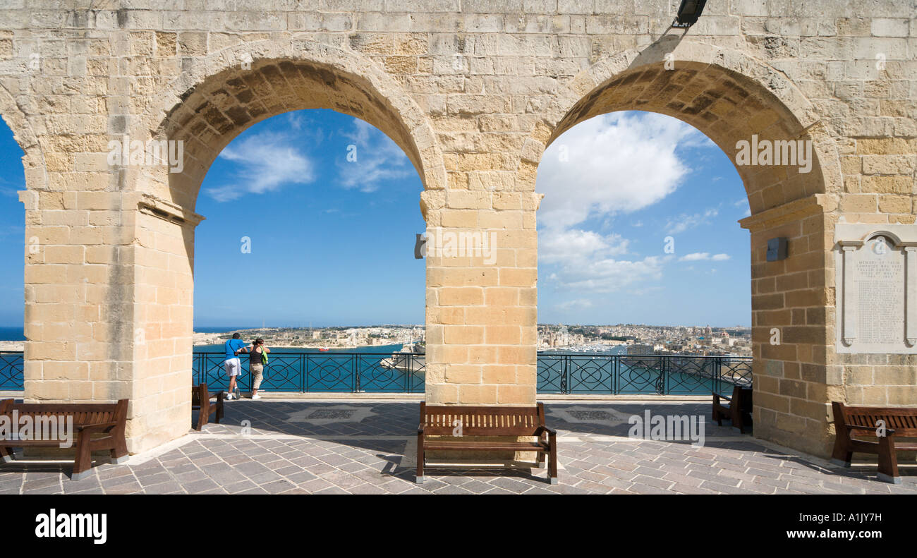 View over Grand Harbour, Vittoriosa and Fort St Angelo from Upper Barracca Gardens, Valletta, Malta Stock Photo