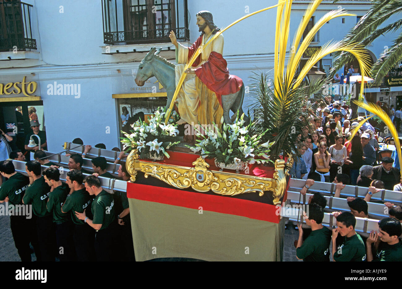 MIJAS COSTA DEL SOL SPAIN EUROPE April Image of Jesus carried on a paso float in the Annual Palm Sunday procession Stock Photo