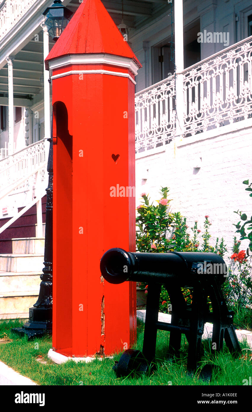 Red sentry box and cannon Government House Charlotte Amalie St Thomas US Virgin Islands Stock Photo