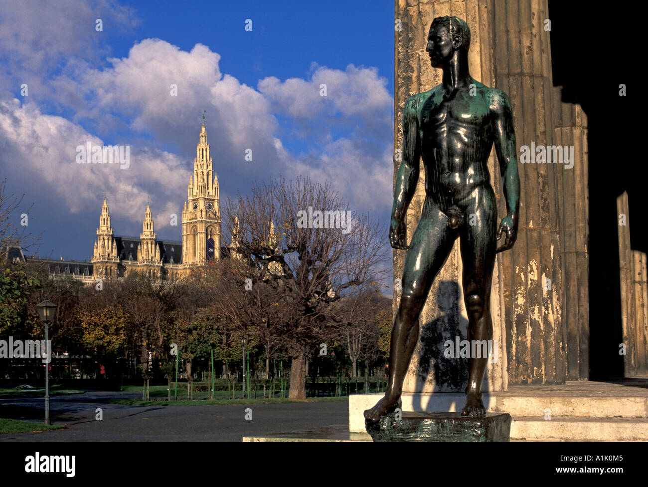 Theseus statue in Volksgarten Vienna City Hall in background Austria