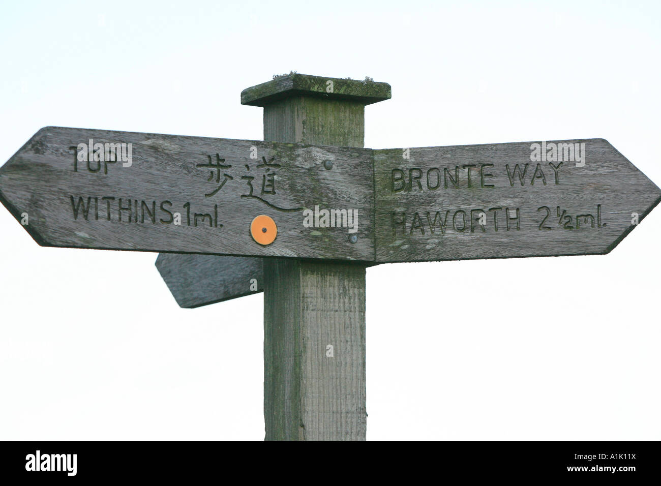 Signpost with Japanese directions, near Bronte Waterfalls, Haworth