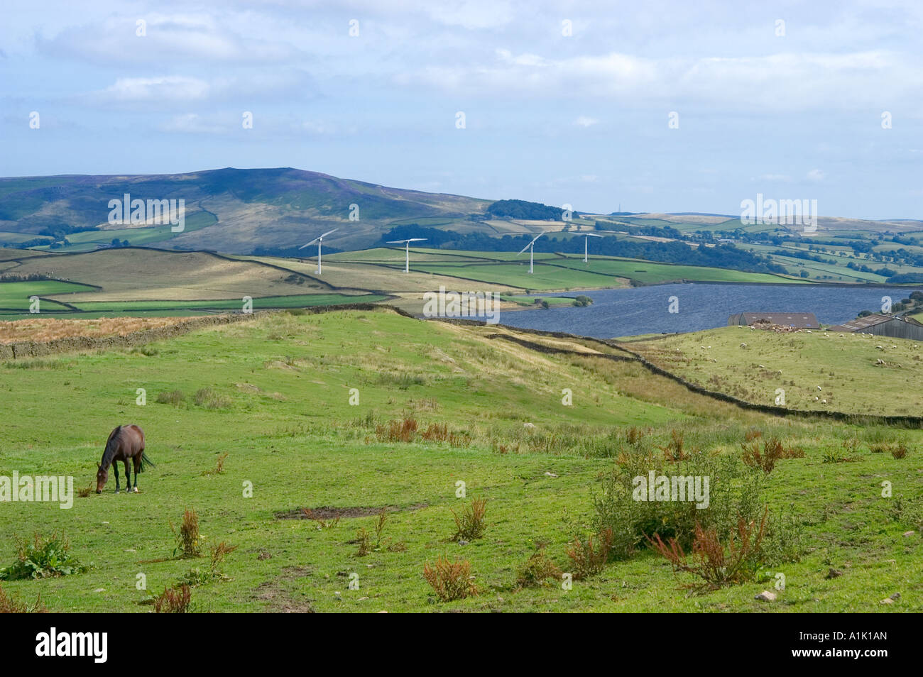 Turbine Wind Farm and reservoir, Draughton, Yorkshire Dales, England Stock Photo
