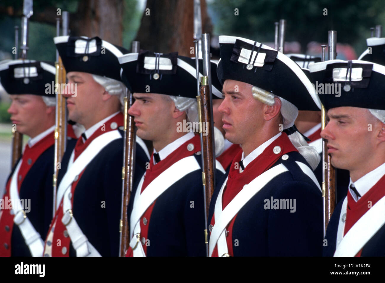 Soldiers parade in historic uniforms at US Army War College, Carlisle Barracks, USA Stock Photo