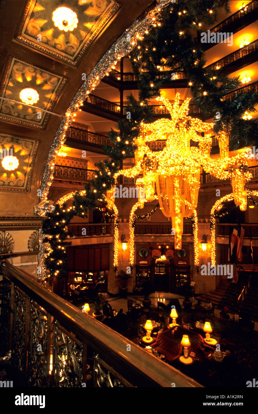Christmas decorations adorn the Atrium lobby at the Brown Palace Hotel