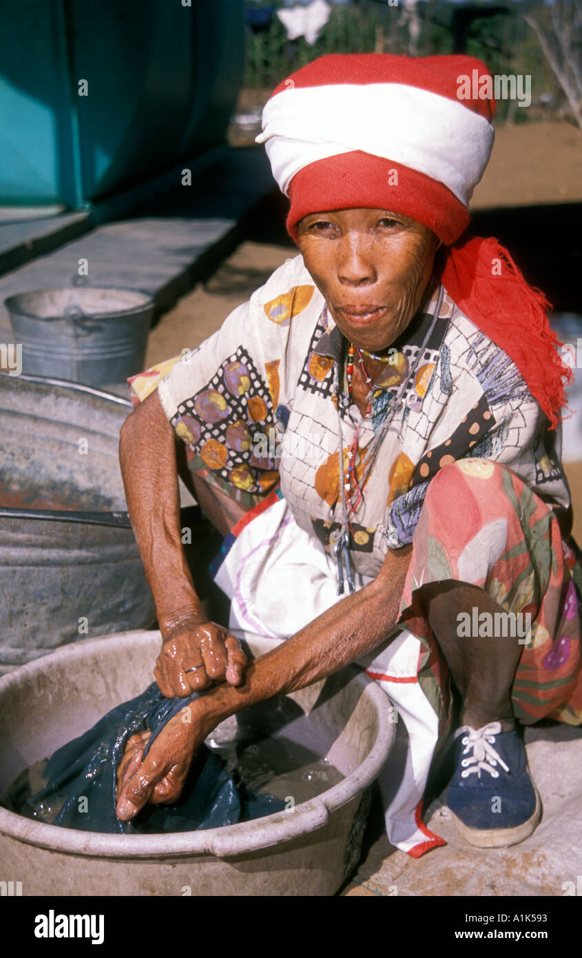 San woman small town of Drimiopsis in Central eastern namibia San bushmen have an oriental look and heart shaped faces Namibia Stock Photo